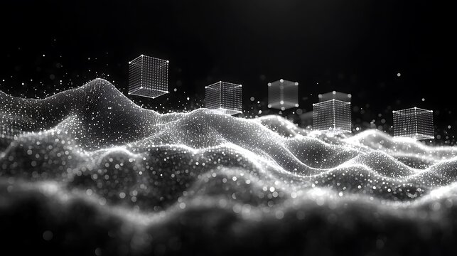 Abstract digital landscape with floating cubes