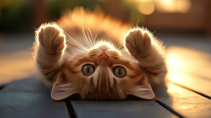 Kitten playing upside down, sunset garden, deck