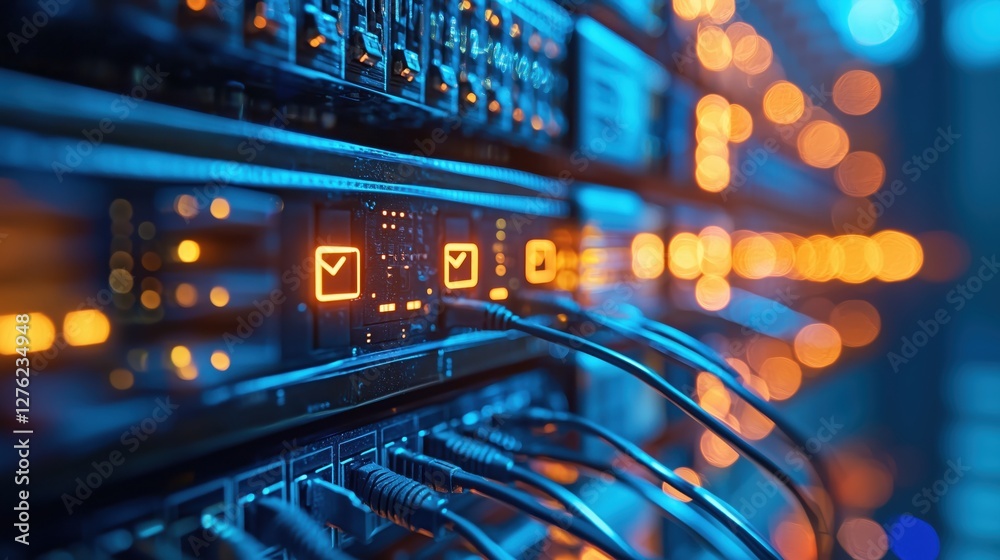 Poster detailed view of server rack with network connections and illuminated indicators in a modern data ce