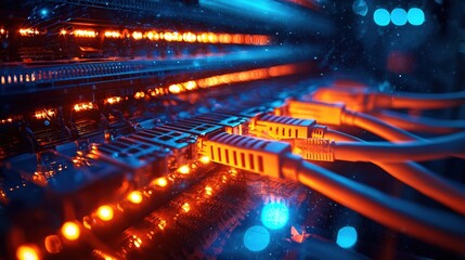 Fototapeta premium Vibrant Data Center Network Cables with Illuminated Lights and Colors Highlighting IT Infrastructure in a Modern Digital Environment