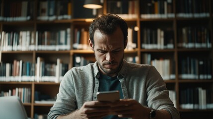Social media rumors affecting a man at a library. Featuring distraction and frustration