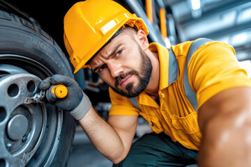 Minimalist low angle shot capturing mechanic at work tightening wheel in industrial setting for workshop design and promotional use