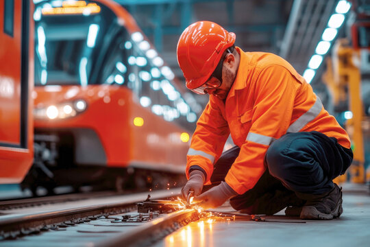Industrial precision: low angle view of mechanic repairing railway in vibrant orange attire