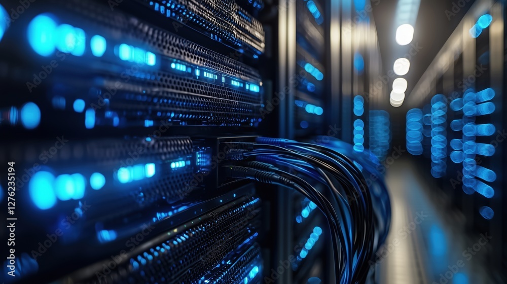 Poster close-up view of server racks with blue led lights in data center infrastructure for networking and 