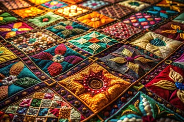 Low Light Photography: Vibrant Patchwork Quilt, Colorful Textile Detail