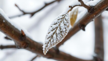 Close up view of a frozen leaf on a tree branch in winter, isolated on white background with copy space,  winter,  tree