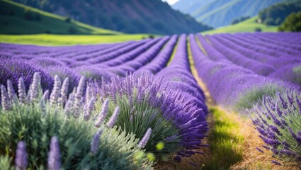 Obraz premium Vibrant Lavender Fields with Lush Greenery in Serene Landscape Under Bright Sky