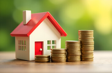 Model house with stacks of coins, symbolizing real estate investment and financial growth for homeowners and investors . Selective focus, blurred background.