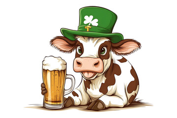 Cartoon cow wearing a green hat holding a beer mug, celebrating St. Patrick's Day in a festive setting