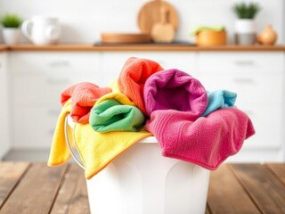 Colorful washing set in a bucket on a wooden table with modern kitchen background, copy space available, seamless, isolated