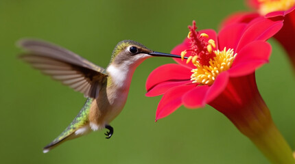Fototapeta premium Tiny Hummingbird Feeding on a Bright Red Flower