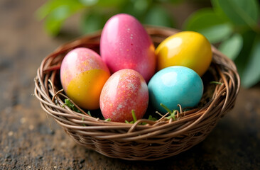 Naklejka premium Colorful Easter eggs in a woven nest with pink flowers on a wooden surface. Banner, background for Easter, spring. Selective focus, blurred background. Easter card, template.