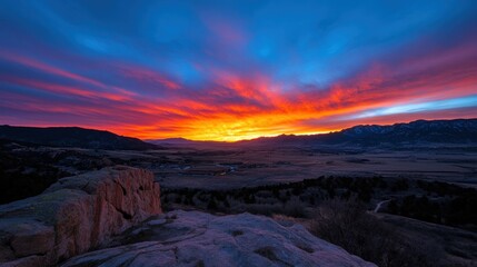 Naklejka premium Fiery sunrise over mountain valley, rocky outcrop