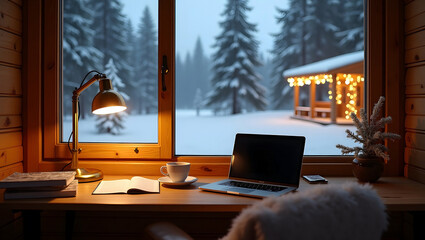 Cozy remote work with a laptop and coffee cup in winter season and a view snow of the outdoors. workspace