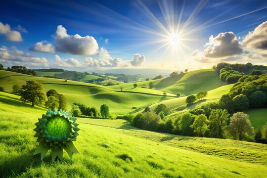 Lush Green Landscape with Eco-Friendly Award Badge - Sustainable Nature Stock Photo