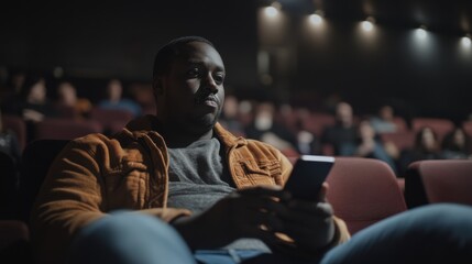 Social media rumors affecting a man at a movie theater. Featuring concern and distraction