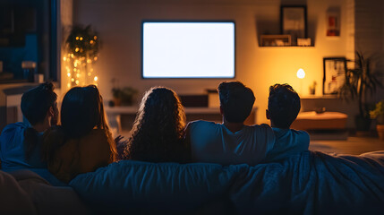 Group of Friends Enjoying Movie Night Together at Home Watching Television