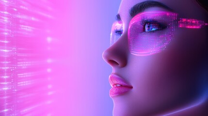 Close up profile of a young woman, illuminated by vibrant pink and purple light, with a digital overlay on her face. Futuristic and technological theme.