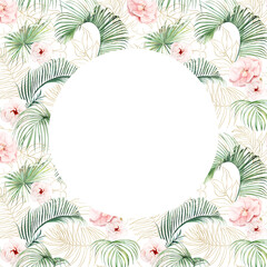 Round frame with green watercolor tropical leaves and pink flowers, wedding isolated illustration