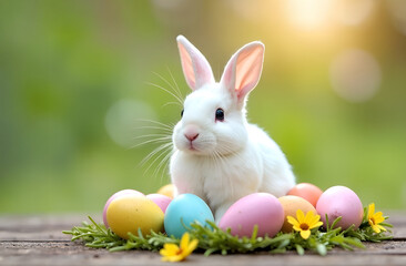 .Cute Easter card with rabbit and eggs. Postcard with an Easter bunny. Space for the text. Easter Day. Selective focus.
