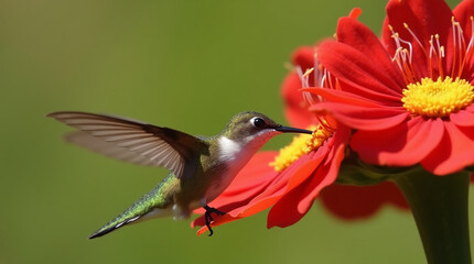Fototapeta premium Tiny Hummingbird Feeding on a Bright Red Flower