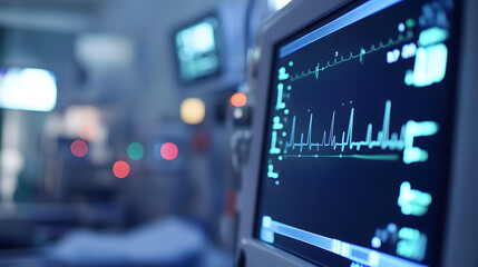 Fototapeta premium Closeup of a medical monitor displaying vital signs in a hospital operating room setting