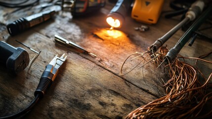 Damaged cables on a work surface with electrical tools scattered around. Featuring frayed insulation and exposed copper