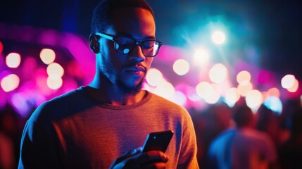 Social media rumors affecting a man at a music concert. Featuring distraction and concern