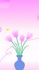 Illustration of pink tulips in blue vase on pastel pink backdrop. Ideal for greeting cards, scrapbooking, book art, wallpapers. 