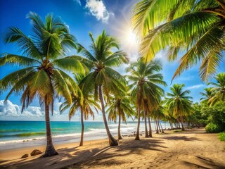 Obraz premium Lush Tropical Paradise: Vibrant Coconut Palm Trees on a Sunny Beach