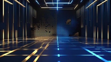 A dark blue and gold noise effect background with neon light shadows blends into the base background featuring a pixelated backdrop
