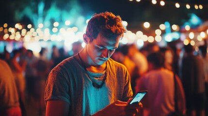 Obraz premium Social media rumors affecting a man at a music festival. Featuring distraction and frustration