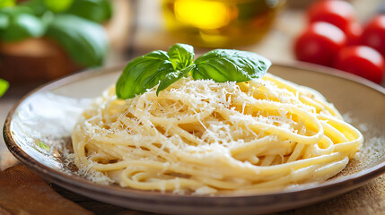 Gourmet plate of pasta with cheese and basil