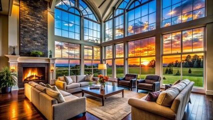 Luxurious New Traditional Living Room Silhouette - Vaulted Ceilings, Fireplace, Scenic View