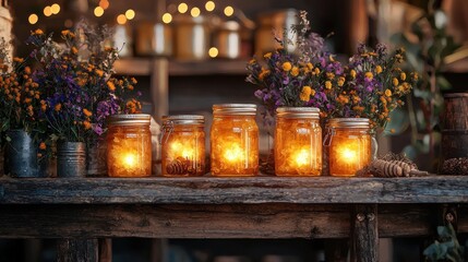 Warm candlelight illuminates amber glass jars on a rustic wooden table, adorned with vibrant autumn flowers. Soft bokeh lights create a cozy atmosphere.