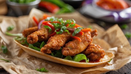 Fototapeta premium Crispy Fried Chicken Wings on a Bed of Fresh Greens with Colorful Vegetables