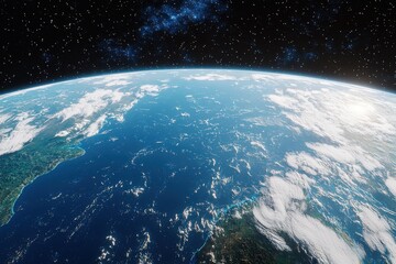 Obraz premium Spectacular view of Earth showcasing vast oceans, fluffy clouds and the glow of sunrise, set against a backdrop of twinkling stars, a vision of space.