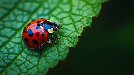 Obraz premium Ladybug Resting on a Green Leaf Closeup Nature Photography