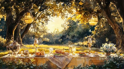 Golden Picnic Table with Glassware under Lush Green Trees in Sunlight