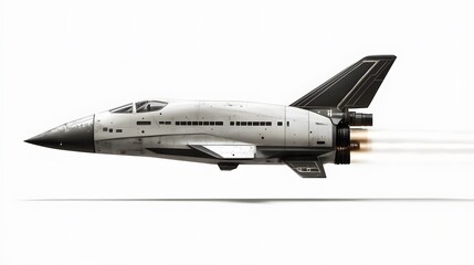 Futuristic space plane soars through air leaving a trail