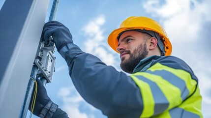 Technician installing telecommunications equipment on a tower while wearing safety gear under a blue sky during the day in a technology-focused environment