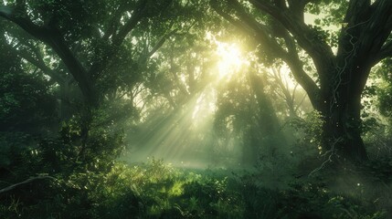 Sunlight filters through a dense forest, illuminating lush greenery and creating a serene atmosphere