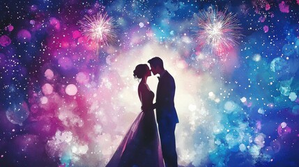 Silhouette of a couple embracing against a vibrant cosmic backdrop of pink, purple, and blue watercolor fireworks. Romantic, dreamy atmosphere.