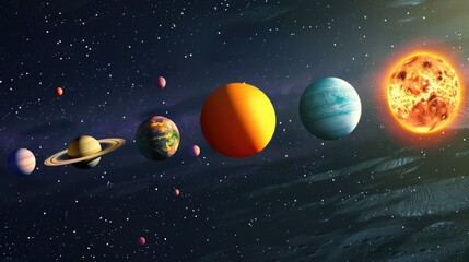 A vibrant depiction of the solar system showcasing planets in alignment with a glowing sun in the background