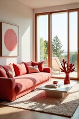 Relaxing Coastal Living Room with Coral Decor and Sunny View