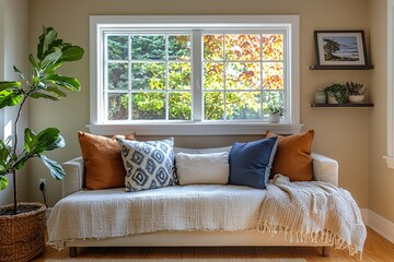 A modern minimalist interior design of a living room with small windows and a sofa. Generative AI
