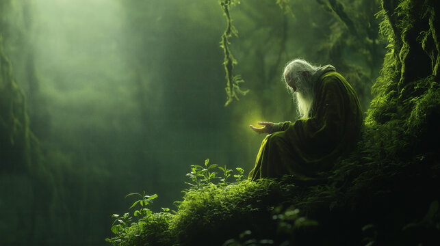 A whimsical St. Patrick&rsquo;s Day scene, symbolizing Irish folklore, fortune, and celebration. Ancient Celtic druid casting spells in a glowing forest