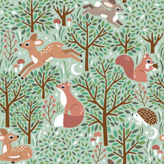 Fototapeta premium Seamless vector pattern with cute woodland animals. Hand drawn fawn, rabbit, fox and hedgehog with trees. Perfect for textile, wallpaper or print design. EPS10 vector file.