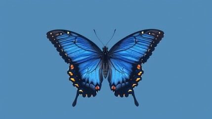 Vibrant blue butterfly perched against a soft blue backdrop, showcasing intricate wing patterns and details