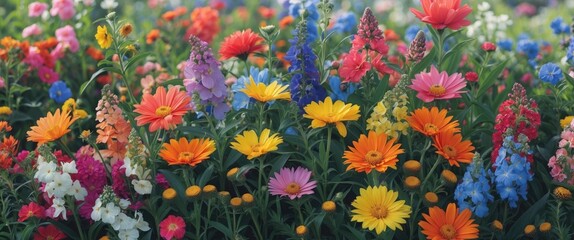 Vibrant Summer Flower Field with Mixed Blooms and Blank Space for Custom Text